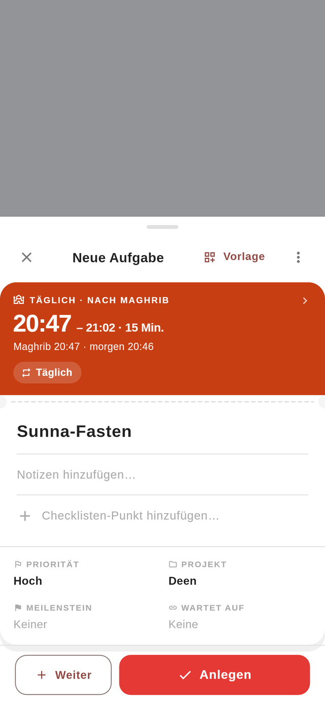 Das Anlege-Blatt von Jadwal: eine neue Aufgabe nach Maghrib, mit Dauer, Priorität und Projekt.