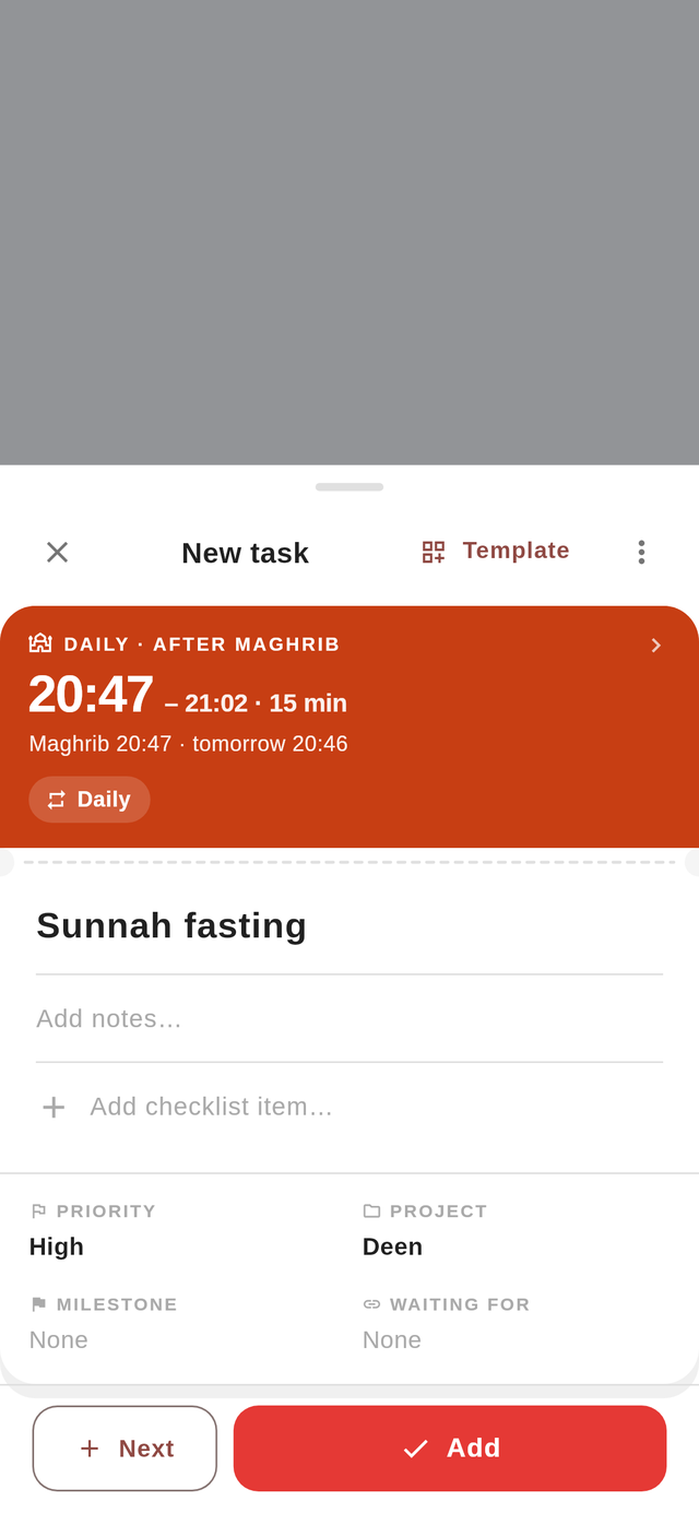 The compose sheet in Jadwal: a new task after Maghrib, with duration, priority and project.