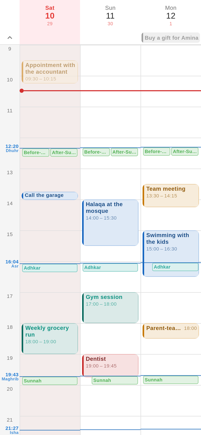 The week view in Jadwal: three days side by side with the prayer times as horizontal lines.