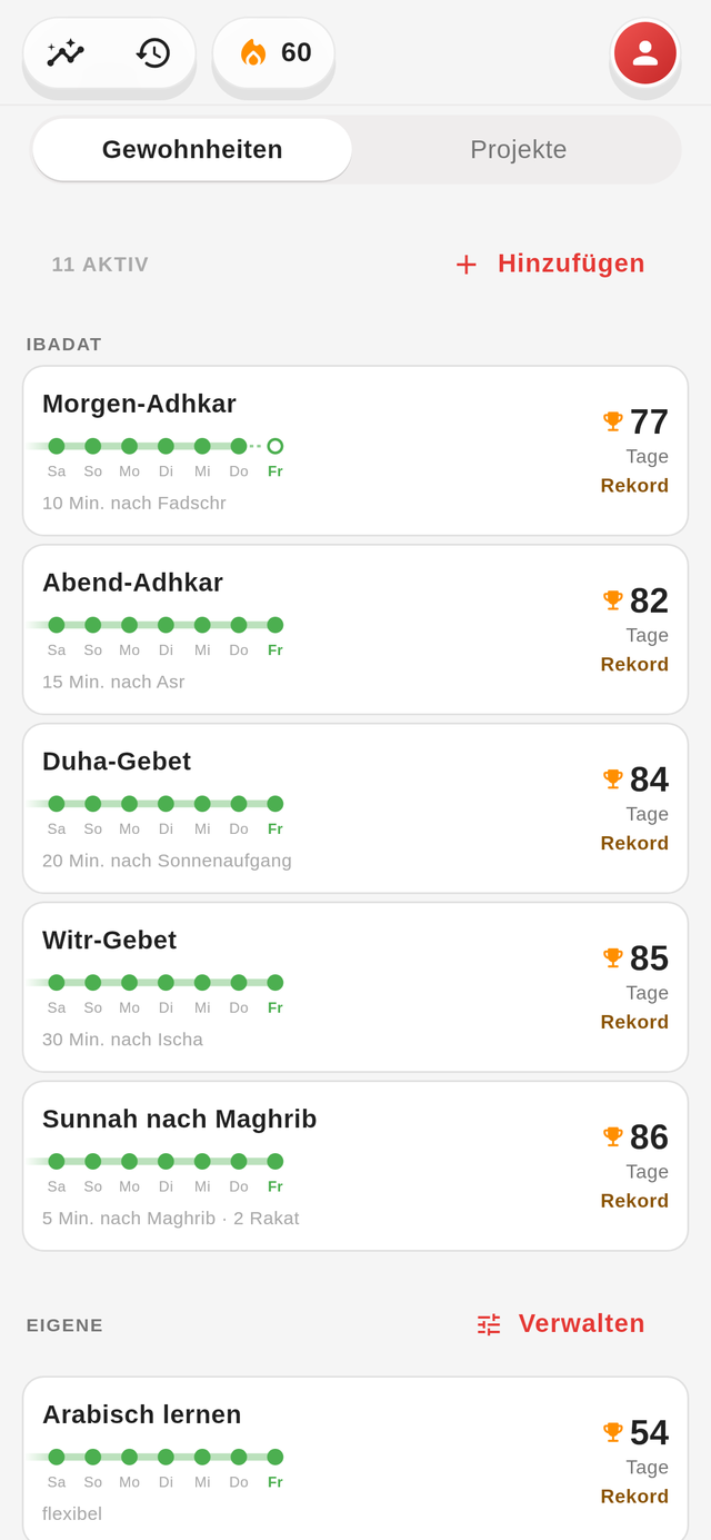 Die Ziele-Seite von Jadwal mit Ibadat, Serien und dem Monatsraster.