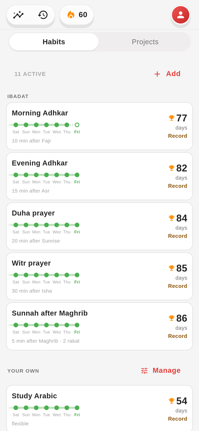 The Goals page in Jadwal with ibadat, streaks and the monthly grid.